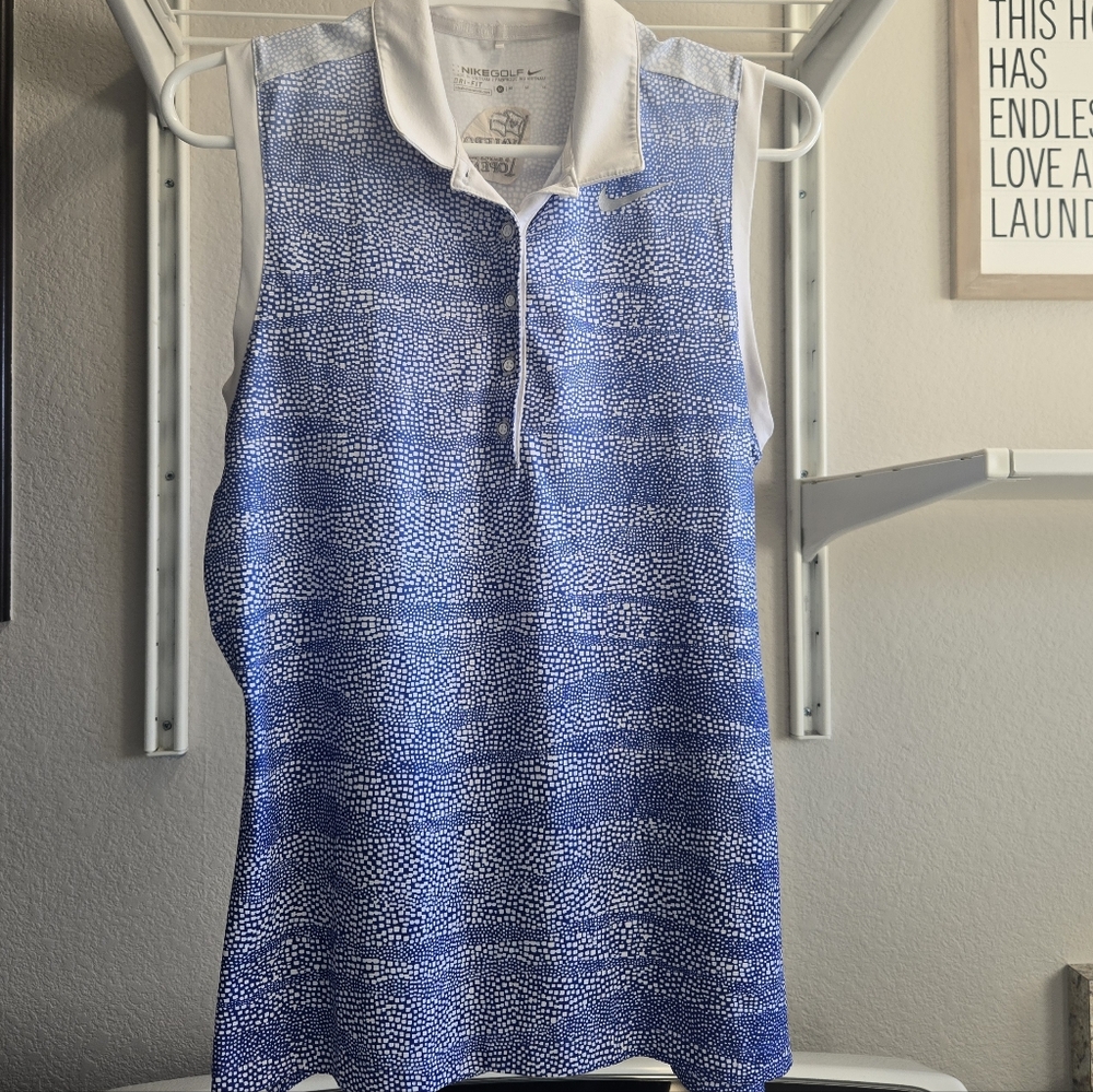 Blue and White Sleeveless Golf Shirt